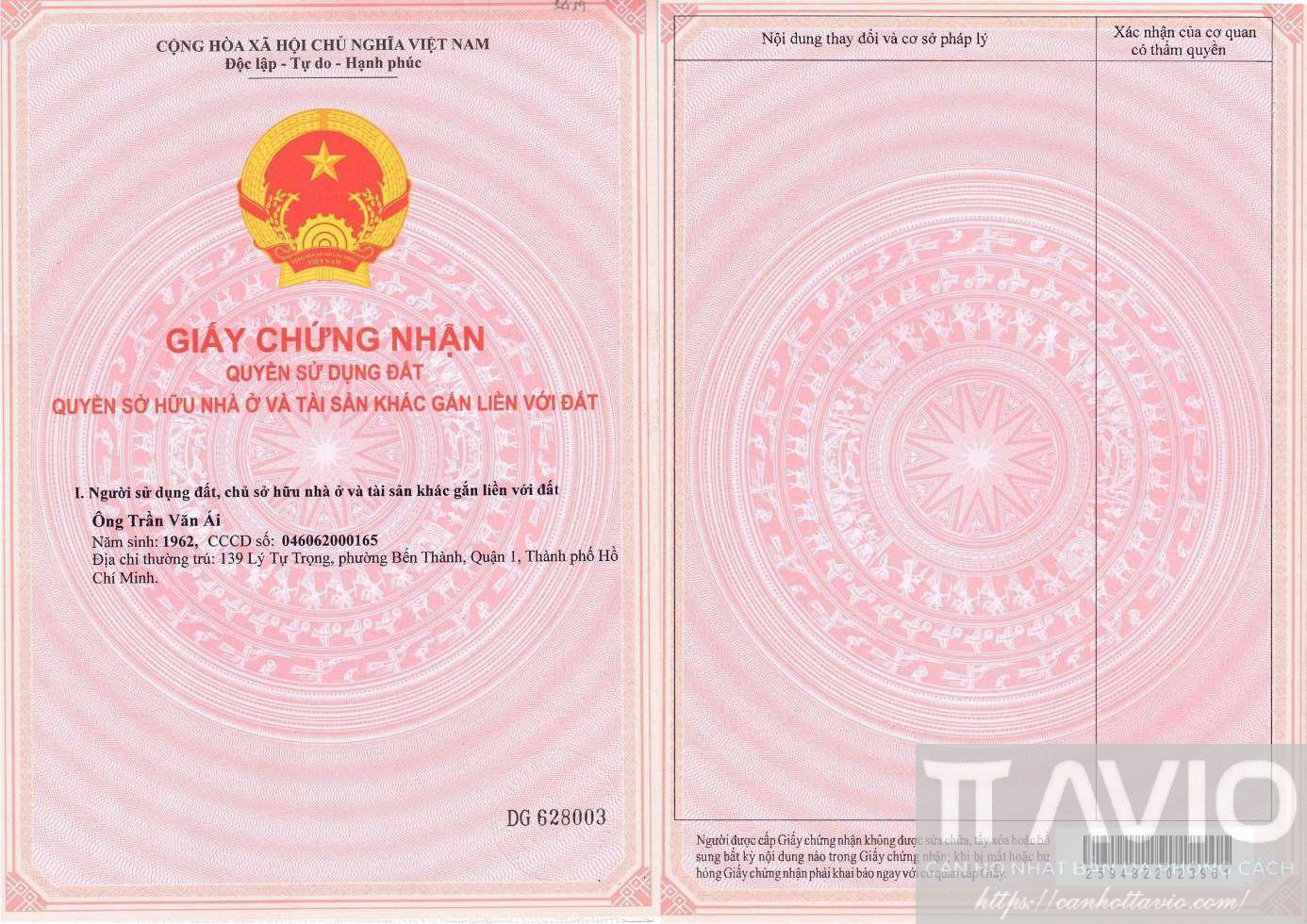 Mặt Trước GCN QSDĐ TTAvio_Thửa 3419