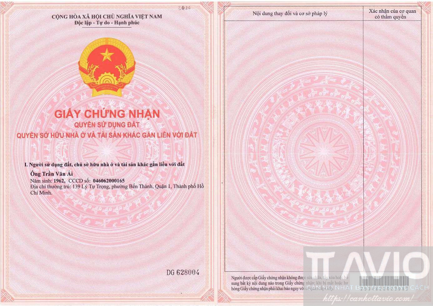 Mặt Trước GCN QSDĐ TTAvio_Thửa 3420