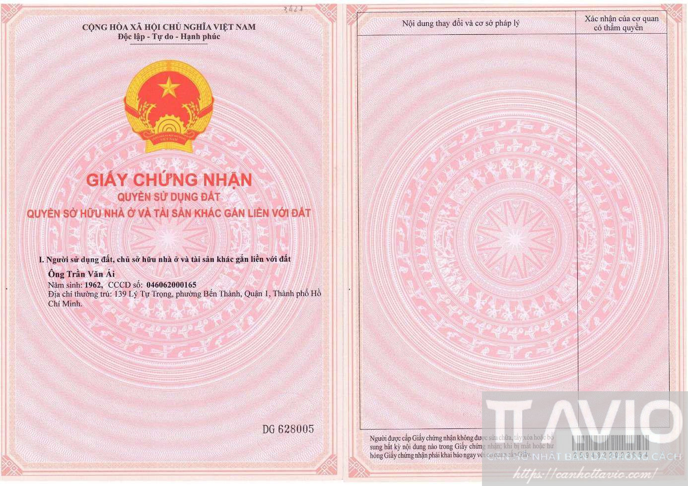 Mặt Trước GCN QSDĐ TTAvio_Thửa 3421